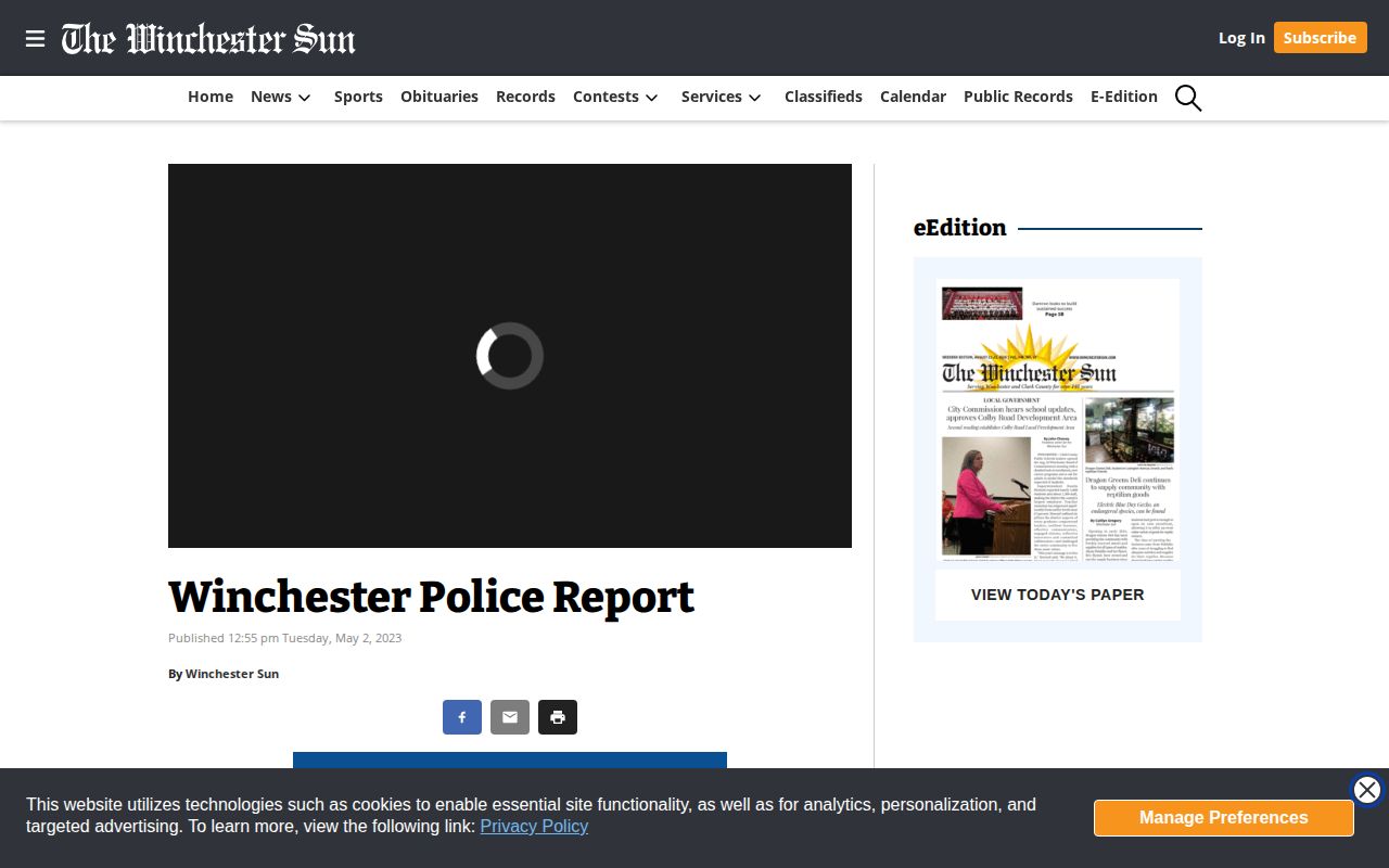 Winchester Sun police report page for Winchester and Clark County
