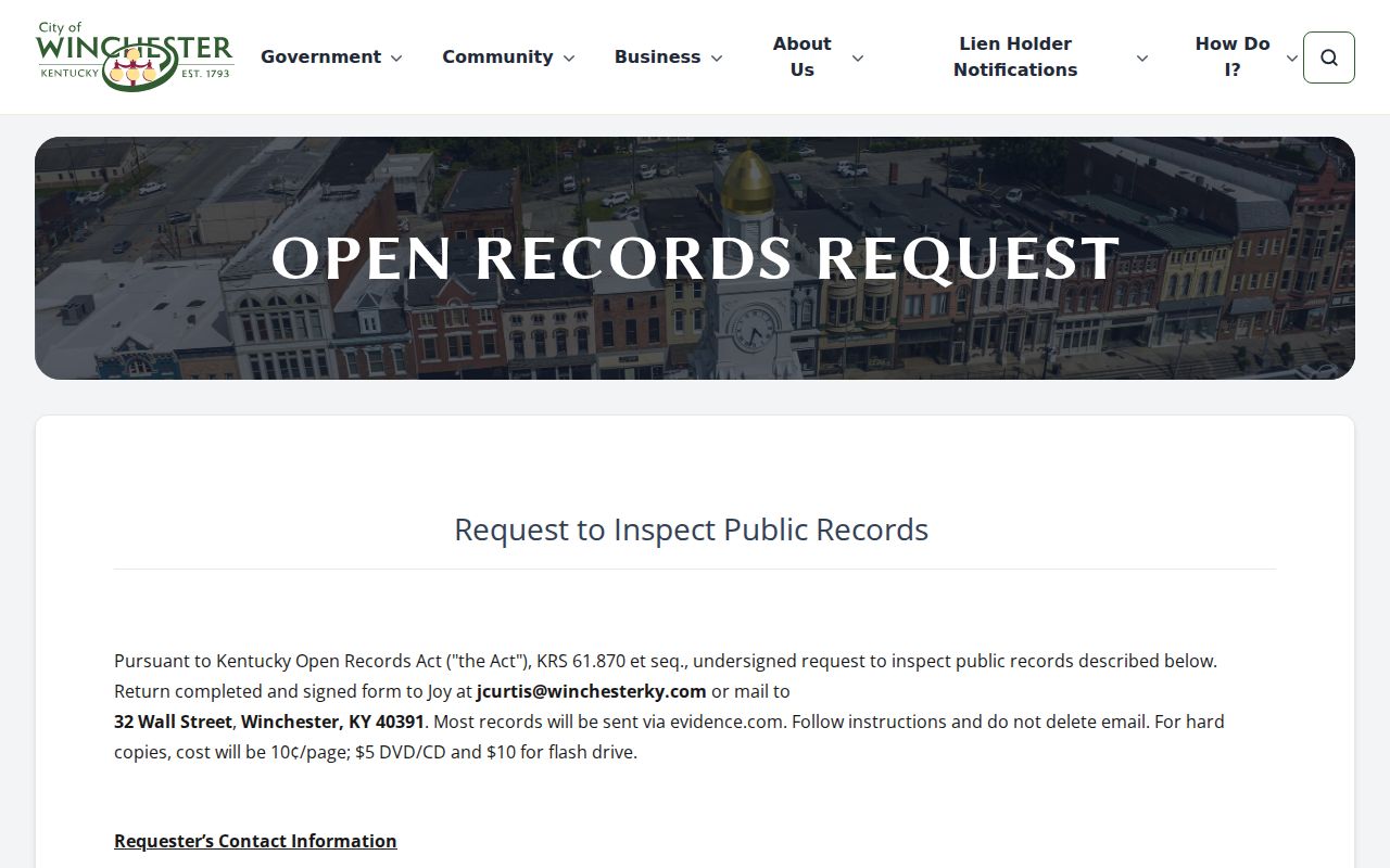 Winchester Kentucky open-records request for police arrest records